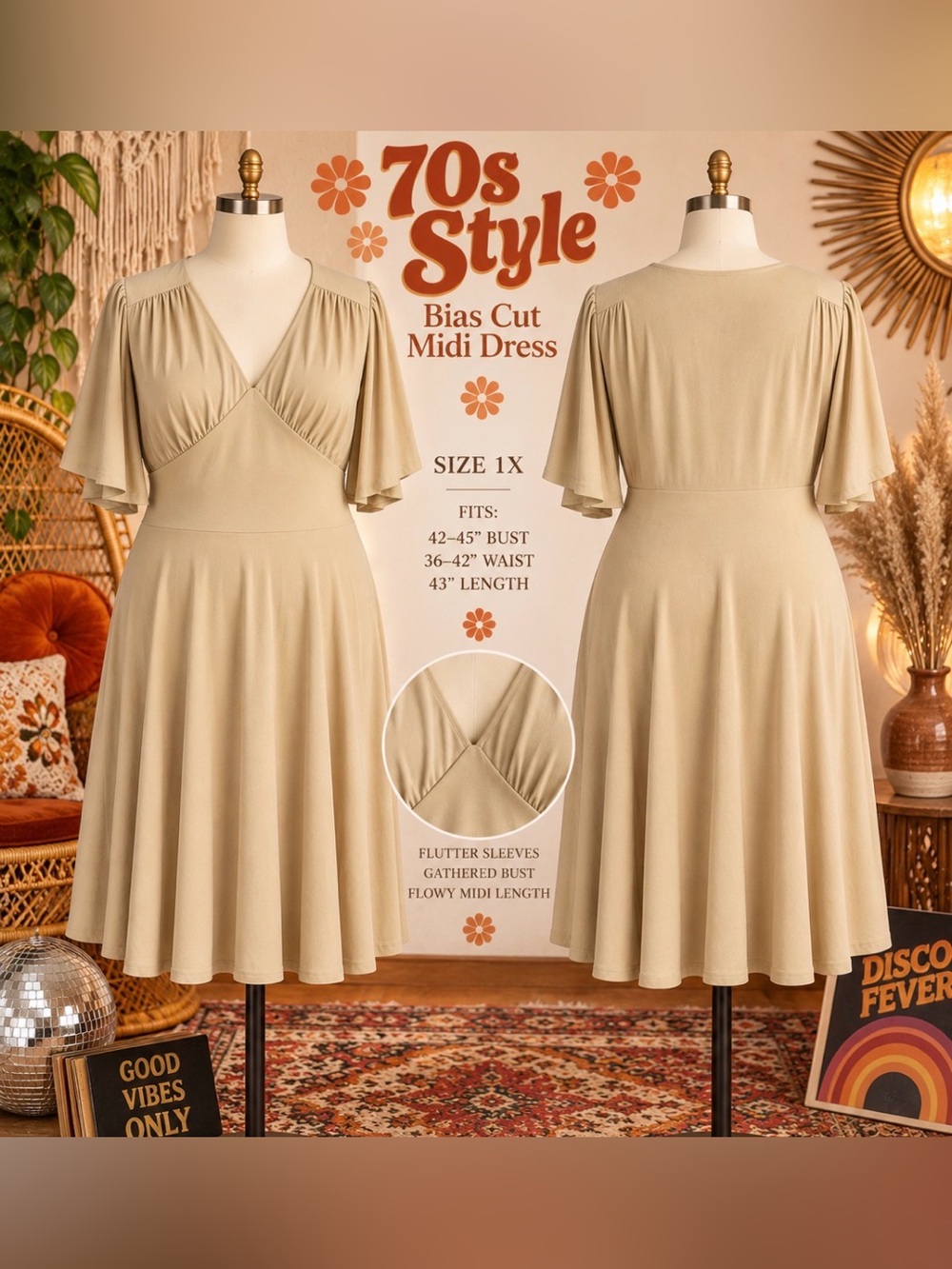 70s Style Bias Cut - 1X- Tan Color- Midi Dress - stretch silky knit